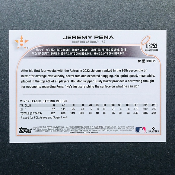 Jeremy Pena RC - 2022 Topps Update #US253 - Picture 2 of 2